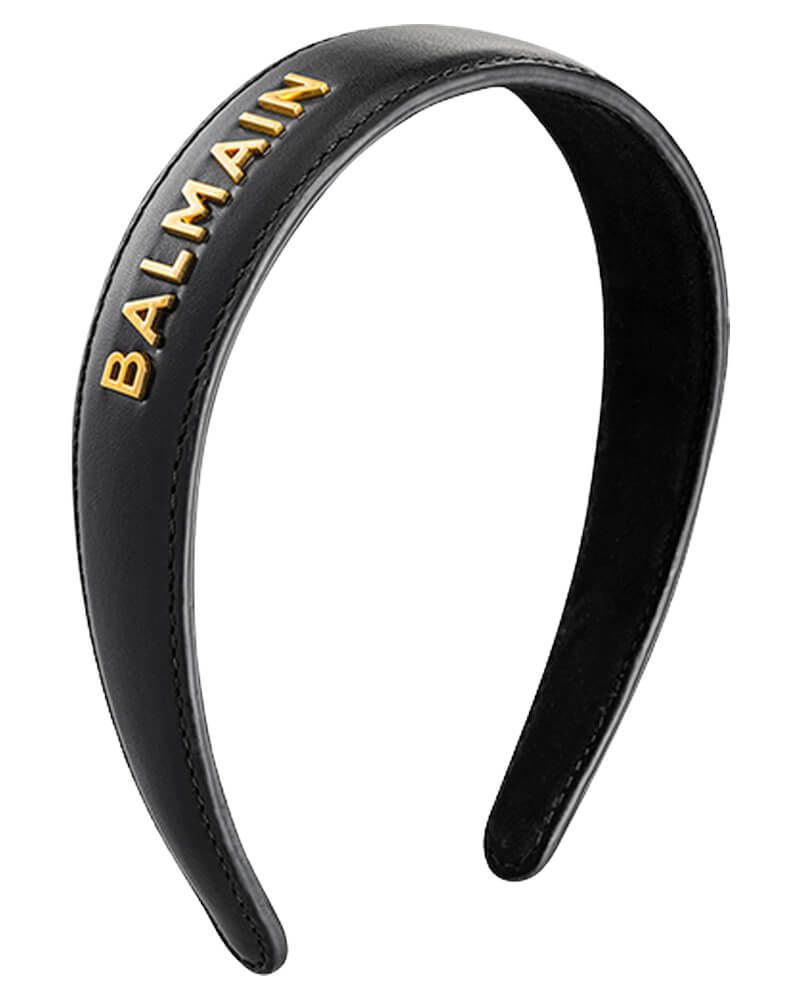 Balmain Black Leather Headband With Gold Plated Logo